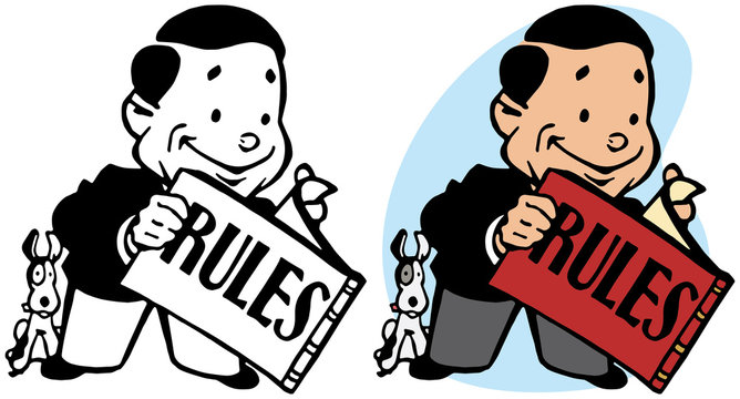 A smiling man consults a rule book for instructions.