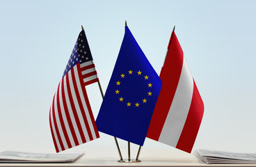 Flags of USA European Union and Austria