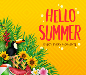 Hello Summer Enjoy Every Moment Poster with Toucan, Palm Tree Leaves, Sunflowers Beach Ball and Watermelon in Yellow Otange Gradient Backgroun with Pattern. Vector Illustration

