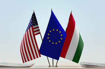 Flags of USA European Union and Hungary