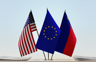 Flags of USA European Union and Liechtenstein