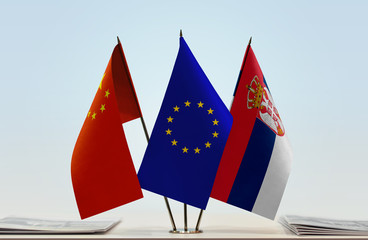 Flags of China European Union and Serbia