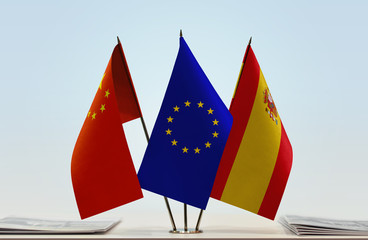 Flags of China European Union and Spain