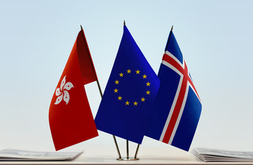 Flags of Hong Kong European Union and Iceland