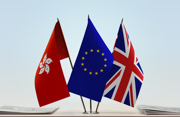 Flags of Hong Kong European Union and Great Britain