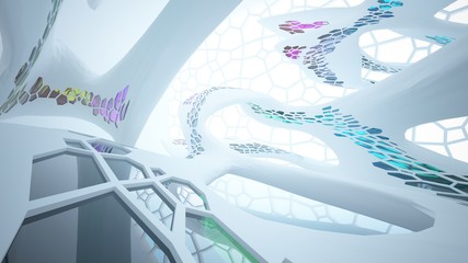Abstract white and colored gradient glasses parametric interior  with window. 3D illustration and rendering.