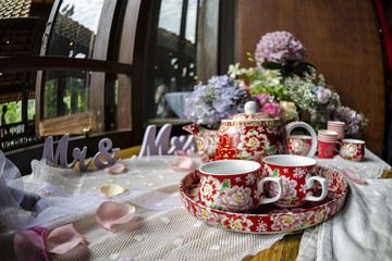 Traditional Chinese tea ceremony cups and tray in wedding day with the symbol known as 