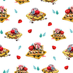 Watercolor desserts and berries seamless pattern. Background with belgian waffle.