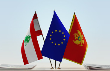 Flags of Lebanon European Union and Montenegro