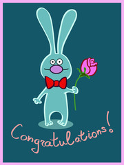 Greeting card. Rabbit character with a flower