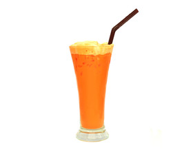 Cold milk tea in a glass with ice and a tube isolated on white background.We eat what she wants to be obese.
