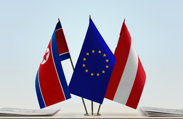 Flags of North Korea European Union and Austria