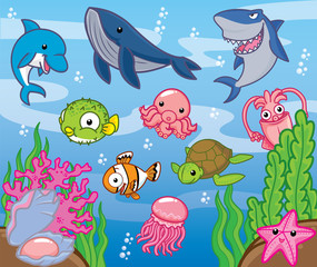 Fototapeta na wymiar Sea animals, cute vector