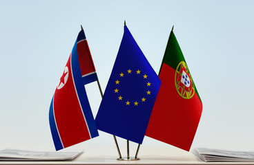 Flags of North Korea European Union and Portugal