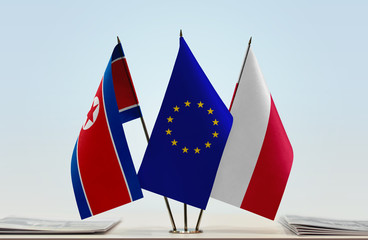Flags of North Korea European Union and Poland