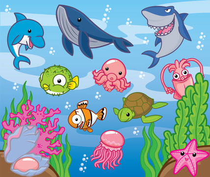 Sea animals, cute vector