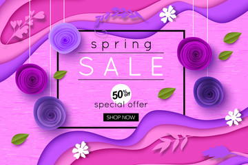 Ultra Violet Spring Sale Background with paper style flowers leaves and shapes, vector illustration