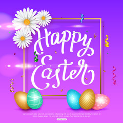Happy Easter background with colorful eggs and chamomile, vector illustration