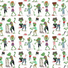 Colorful zombie scary cartoon halloween magic people body green character seamless pattern background part monsters vector illustration.