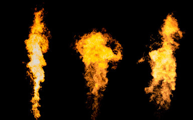 Bunch of three isolated flame columns. Fire tongue goes from gas burner.