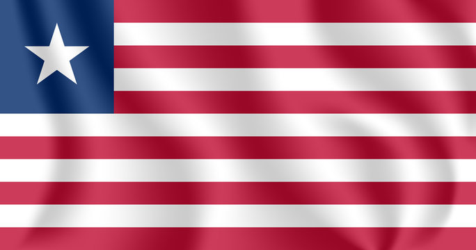 Flag of Liberia. Realistic waving flag of Republic of Liberia. Fabric textured flowing flag of Liberia.