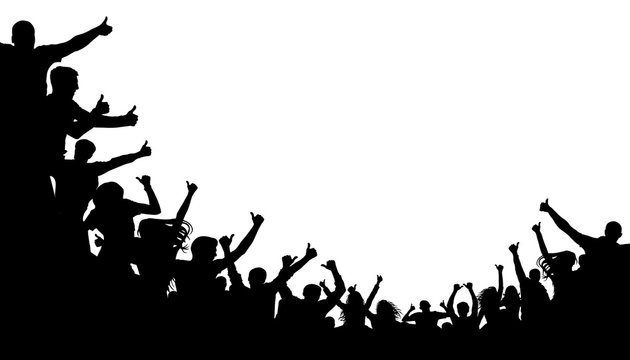 Crowd of people shows the index finger up. Thumb up class. Cheerful people crowd applauding, silhouette. Party, applause. Fans dance concert, disco spectators, audience