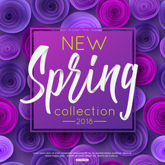 Spring fashion banner with handwritten calligraphy inscription and origami paper flowers for online shopping, sale poster. Vector illustration