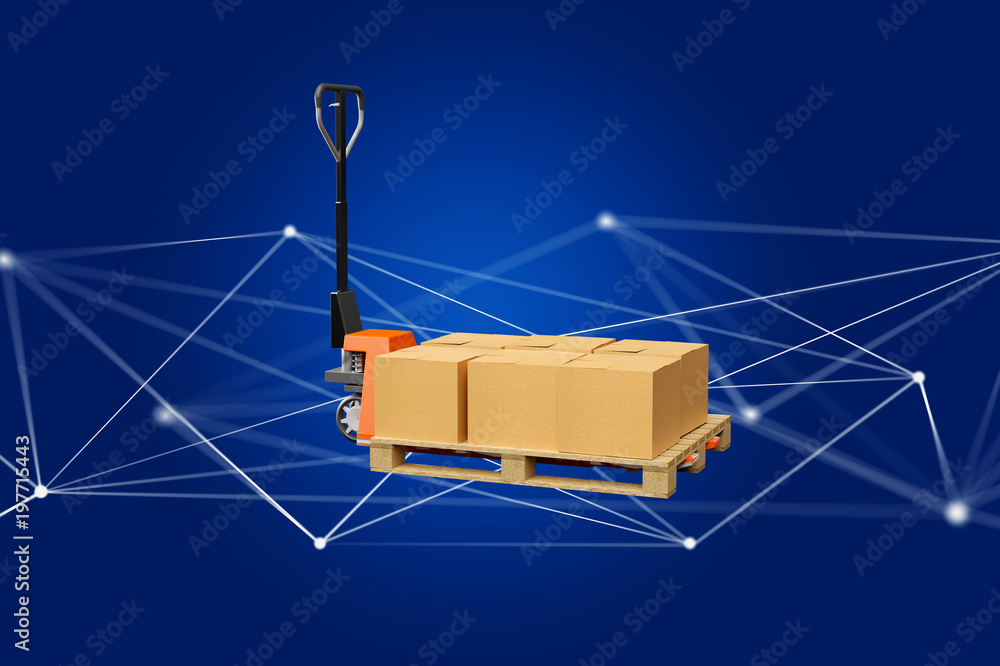 Poster pallet truck and carboxes with network connection system - 3d render
