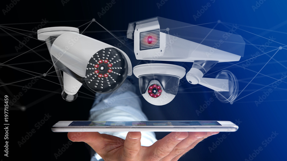 Poster businessman using a smartphone with a security camera system and network connection - 3d rendering