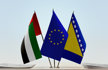 Flags of UAE European Union and Bosnia and Herzegovina