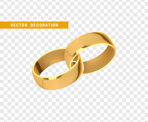 Golden wedding rings, realistic design isolated on transparent background.