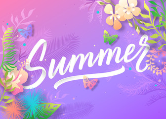 Obraz na płótnie Canvas Summer background with colorful tropical leaves and flowers. Summer handwritten lettering inscription for posters, flyers, brochures or vouchers design. Vector illustration