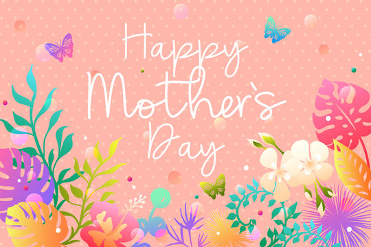 Mother's day greeting card with colorful tropical leaves and flowers. Vector illustration - Powered by Adobe