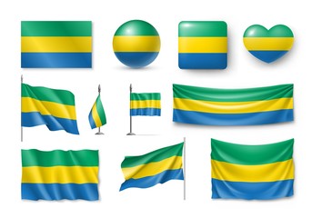 Set Gabon flags, banners, banners, symbols, flat icon. Vector illustration of collection of national symbols on various objects and state signs