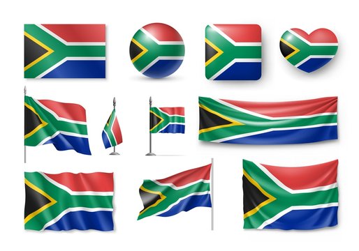Set South Africa flags, banners, banners, symbols, flat icon. Vector illustration of collection of national symbols on various objects and state signs