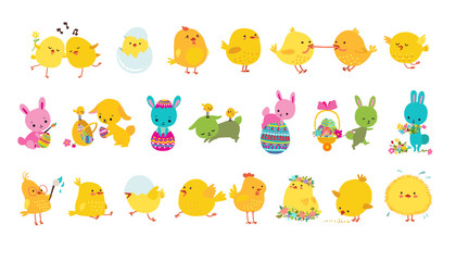 Set of easter bunnies, chicks and eggs isolated icons on white background. Vector illustration - obrazy, fototapety, plakaty