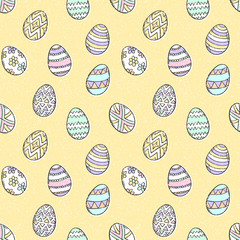 Easter eggs pattern. Spring holiday symbols. Egg sketch. Holiday decoration. Kids drawing. Easter ornament. Vector background.