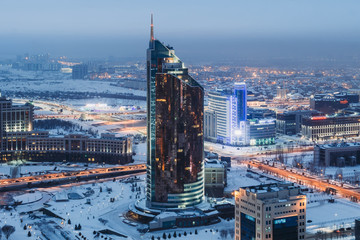 Naklejka premium Winter photo of the Transport Tower at the evening in Astana, Kazakhstan