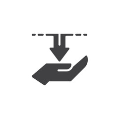 Hand with income arrow vector icon. filled flat sign for mobile concept and web design. Donation simple solid icon. Symbol, logo illustration. Pixel perfect vector graphics