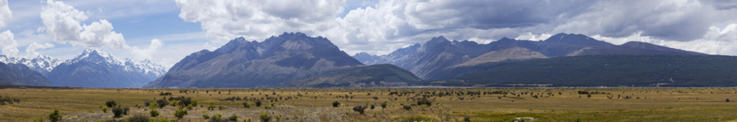 View of the alpine high mountains and the plateau of Mount Cook National Park