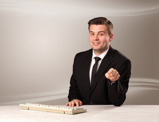 Televison host in live show with blank background