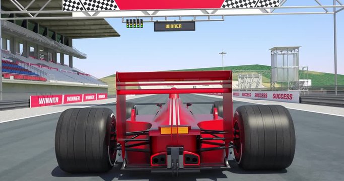 Red Racing Car Crossing Finish Line Then Braking On Racing Track