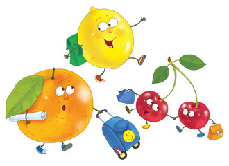 Funny fruits. Orange, lemon, cherry. Coloring page. Coloring book. Cute cartoon characters isolated on white background. 