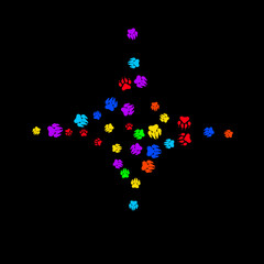 Colorful Bear Footprints. Prints of Paws with Big Claws for Petshop Design or for Goods for Pets. Simple Pattern for Print, Logo or Poster. Vector Confetti Background.