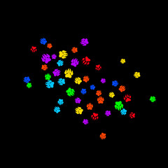 Colorful Bear Footprints. Prints of Paws with Big Claws for Petshop Design or for Goods for Pets. Simple Pattern for Print, Logo or Poster. Vector Confetti Background.