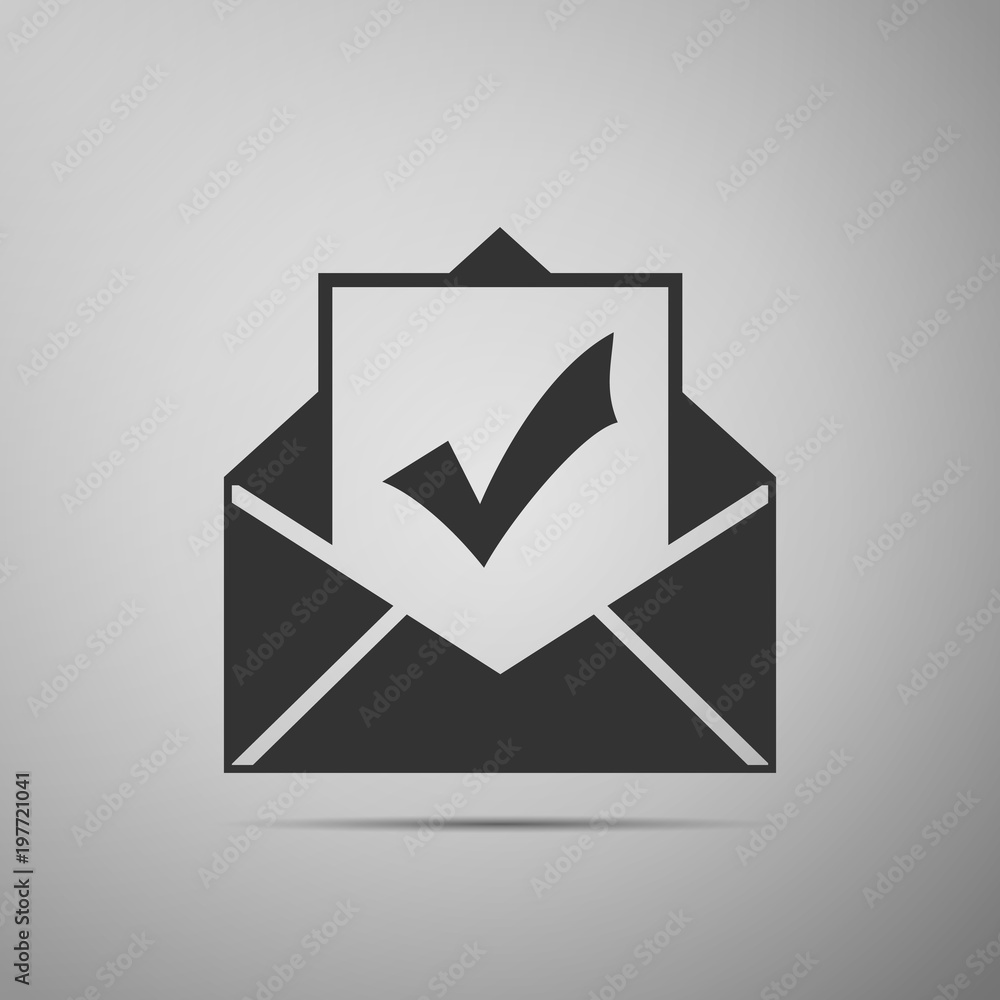 Poster envelope with document and check mark icon isolated on grey background. successful e-mail delivery, 
