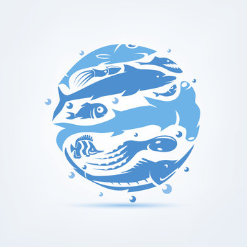 blue planet sealife stylized vector symbol, set of icons and symbols