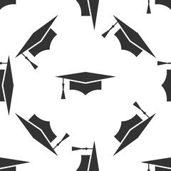Graduation cap icon seamless pattern on white background. Graduation hat with tassel icon. Flat design. Vector Illustration