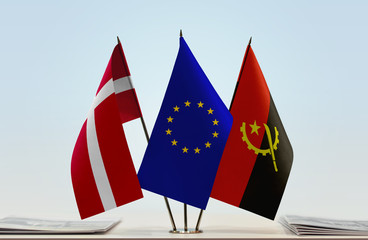 Flags of Kingdom of Denmark European Union and Angola