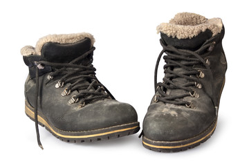 Old work boots and a white background. Isolated.